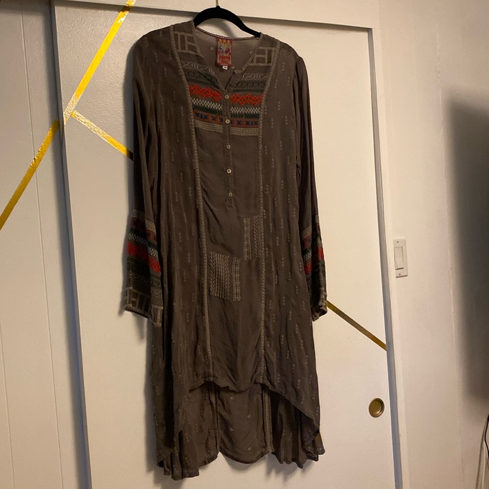 Johnny Was Brown High Low Dress with Red and Green Accents